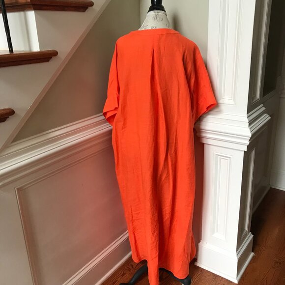 ERES Linen Bibi Kaftan Maxi Dress Womens OS Orange Short Sleeve V-Neck Cover Up - Picture 11 of 12